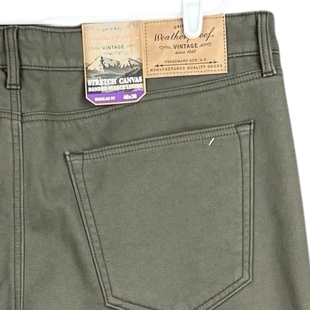 NWT Weatherproof Vintage Men Bonded Fleece Lined Green Canvas Pant 40x30 Regular